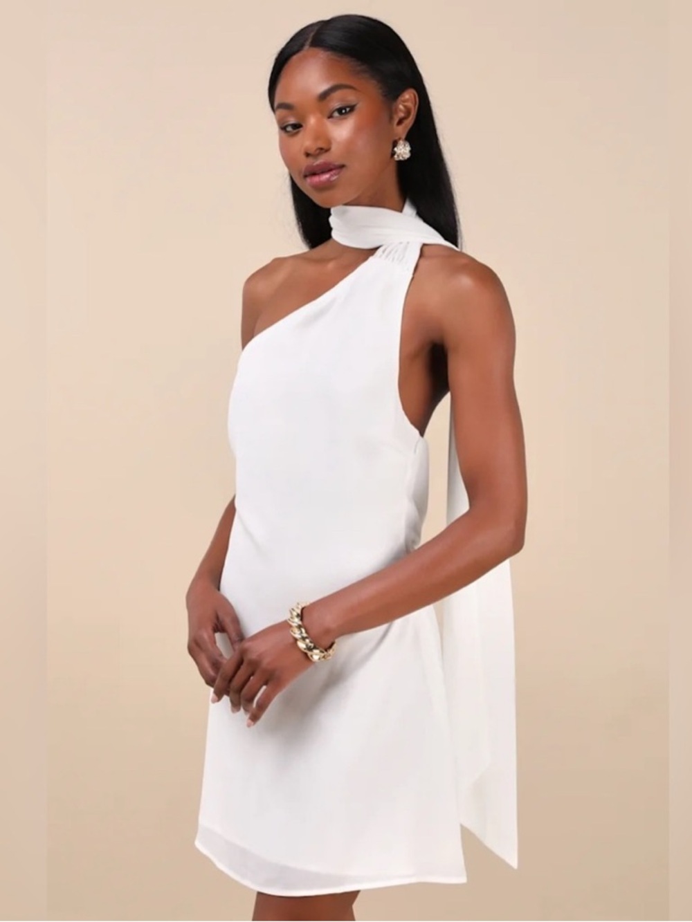 Lulu's White One-Shoulder Draped Mini Dress with Scarf Tie